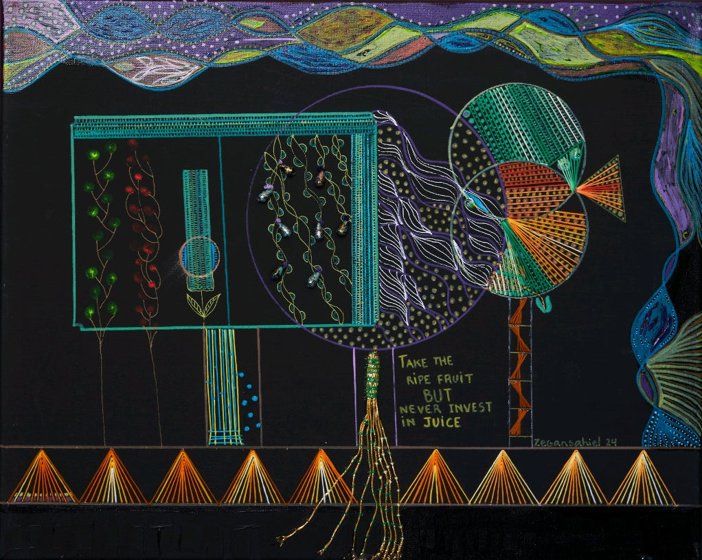 Acrylic, gel pen, embroidery, hand stitch and beads on black canvas