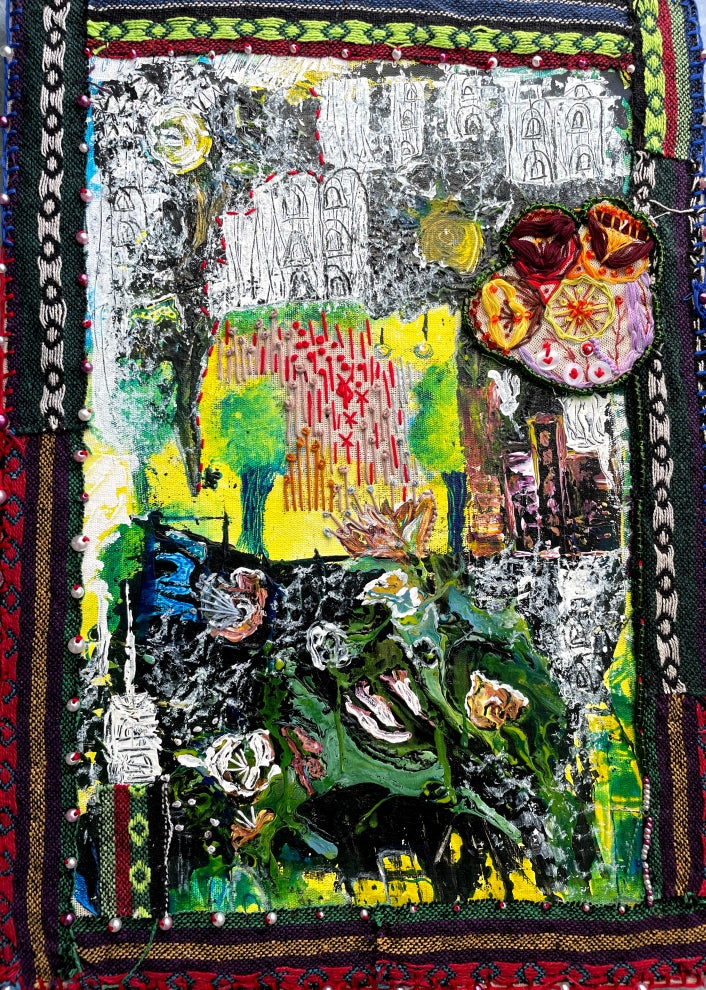 Acrylic, oil, embroidery, handstitch, beads and faux pearl on canvas